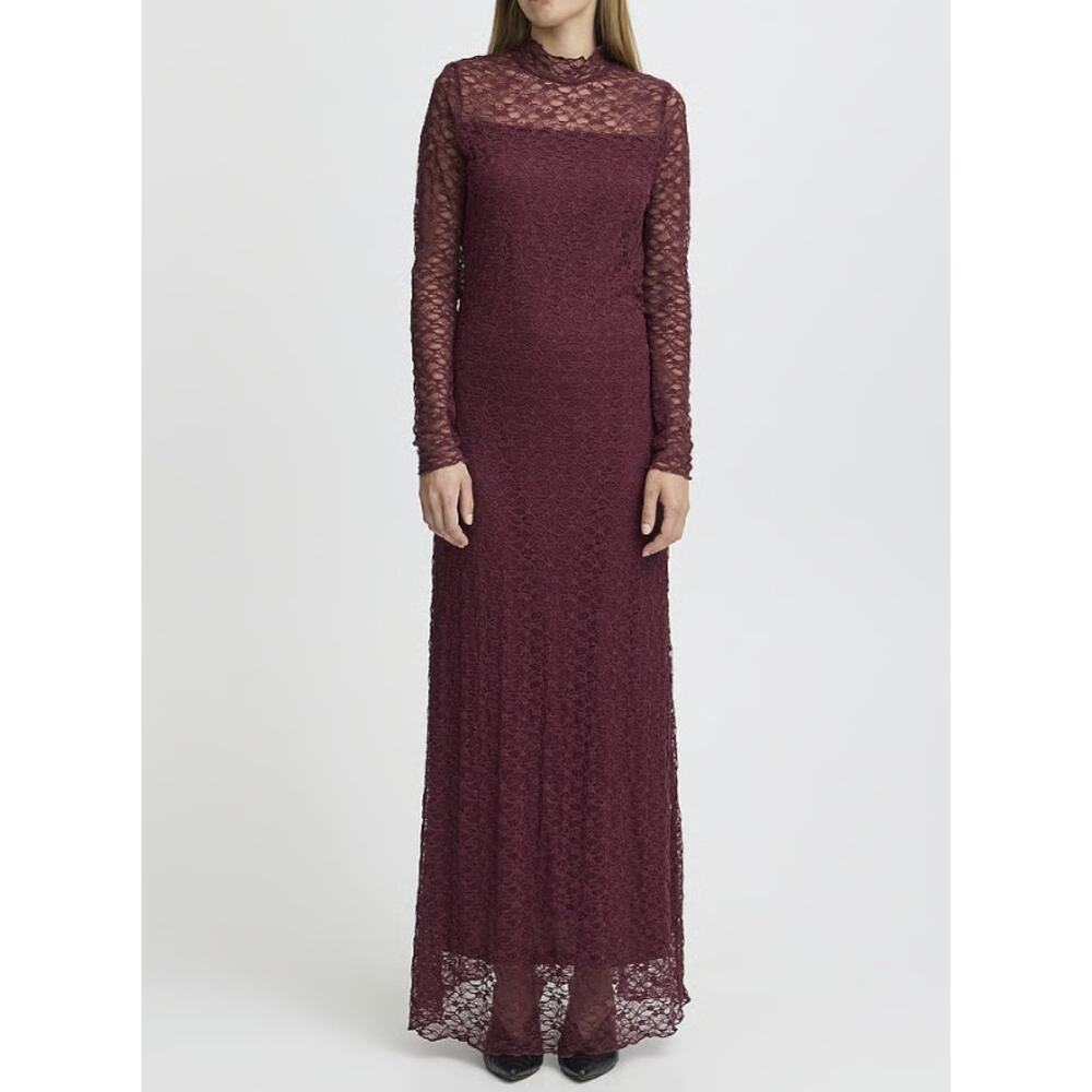Ichi IHPERLA Burgundy Lace Maxi Dress Mock Neck Lettuce Hem Long Sleeve Size L